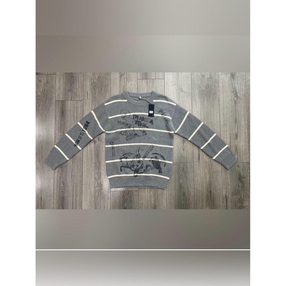 NWT R13 Striped Boyfriend Sweater in Heather Gray With Graphics Sz S